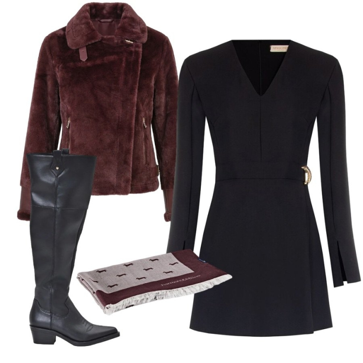 Outfit donna - Dolcetto scherzetto. Stile Trendy per Serata fuori. Abbinamento con sciarpe, stivali, blazer, tuta corta.