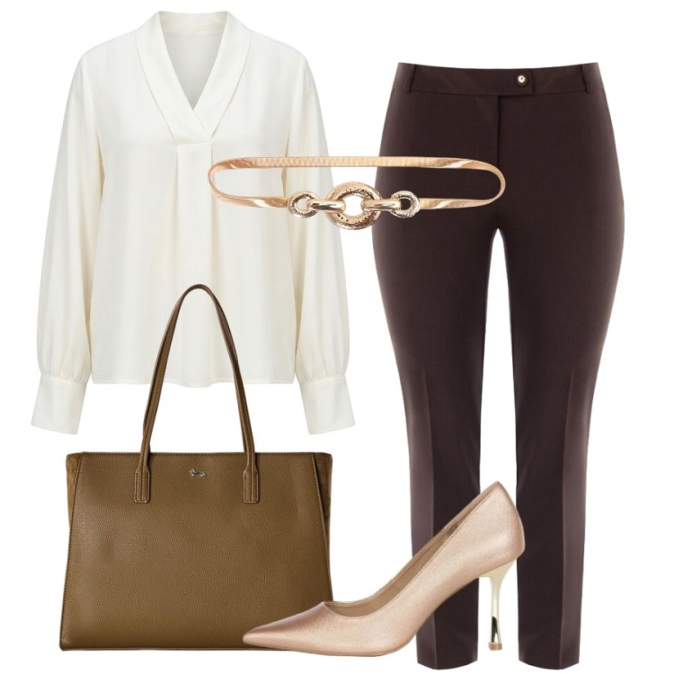Outfit donna - Semplicememte perfetta. Stile Sporty chic per Ufficio. Abbinamento con shopping bag, cinture, décolleté, pantaloni, bluse.