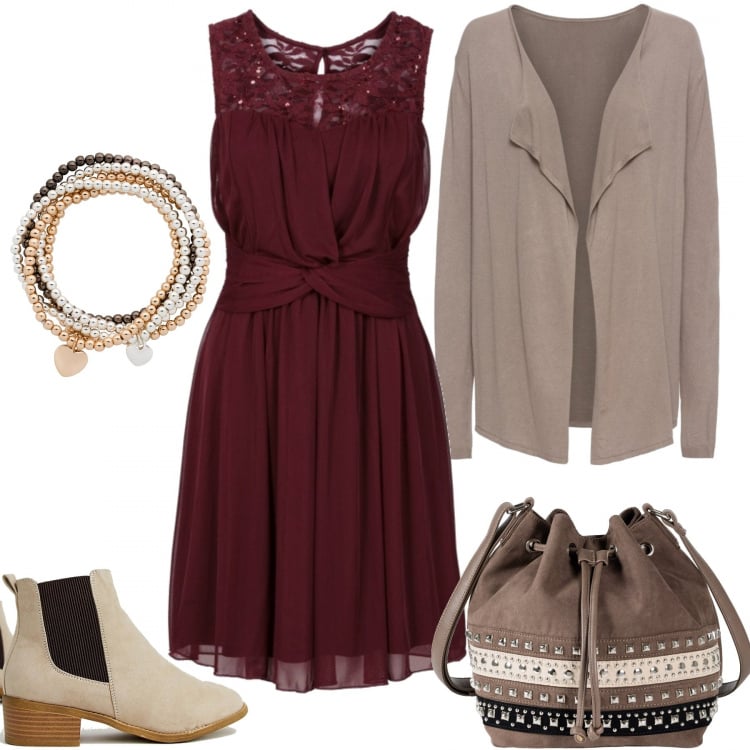 Outfit donna - Verso aprile con il vestitino. Stile Trendy per Tutti i giorni. Abbinamento con maglieria, vestito chiffon, borsa a mano, bracciale, stivaletti chelsea cammello.