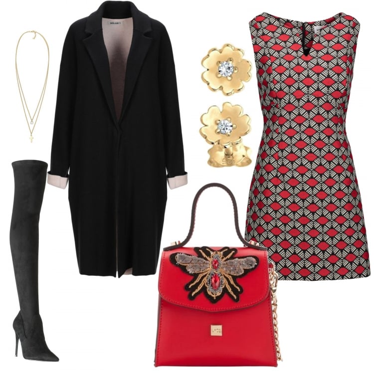 Outfit donna - Chic #3861. Stile Chic per Serata fuori. look ideale per Tall. Abbinamento con vestito corto a tubino fantasia multicolore collo a v con zip interno foderato, soprabito lavorato a maglia collo con revers a maniche lunghe interno sfoderato tinta unita, orecchini, borsa a tracolla mini, stivali con tacco spillo, ciondoli.