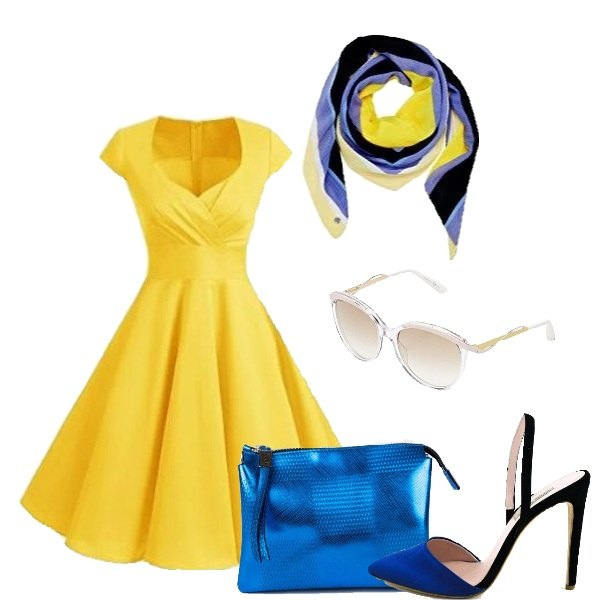 Outfit donna - Giallo e blu. Stile Chic per Cerimonia. Abbinamento con vestiti, sandali, sabot, mules e ciabattine trendy con cinturino in raso, sciarpa taglia unica, borsa a tracolla fantasia con zip, occhiali da sole lenti a specchio multicolore e argento.