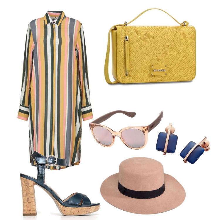 Outfit donna - Giallo&Rosa. Stile Trendy per Tutti i giorni. Abbinamento con vestito a righe collo classico a maniche lunghe interno sfoderato crêpe, orecchini, occhiali da sole a gatto lenti a specchio montatura in plastica, sandali con cinturino nero, cappello contrasto cammello, borsa a tracolla con zip interno foderato in ecopelle con tasca interna.