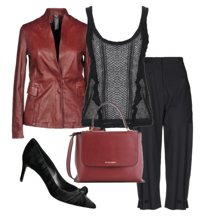 Outfit donna - Super chic. Stile Trendy per Ufficio. Abbinamento con giacca, top lavorato a maglia collo tondo senza maniche tinta unita, pantalone vita alta con zip tinta unita, borsa a mano in ecopelle con tracolla regolabile oro, décolleté in velluto.