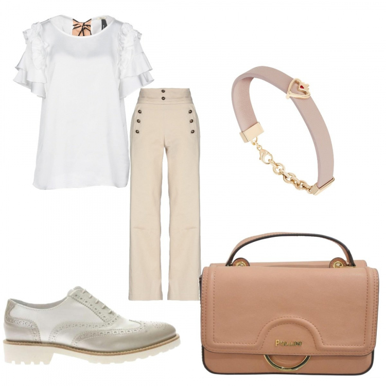 Outfit donna - Ufficio chic. Stile Chic per Ufficio. Abbinamento con blusa con balze collo tondo a maniche corte senza tasche crêpe, pantalone capri vita alta con zip tinta unita, scarpe stringate con lacci nero, borsa a tracolla interno foderato in ecopelle, bracciale.