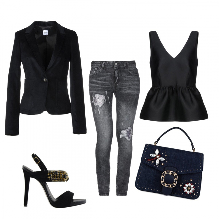 Outfit donna - Glamour’s black. Stile Chic per Serata fuori. Abbinamento con top con zip in raso tinta unita, blazer, jeans slim fit, borsa a tracolla in denim, sandali effetto scamosciato con cinturino.