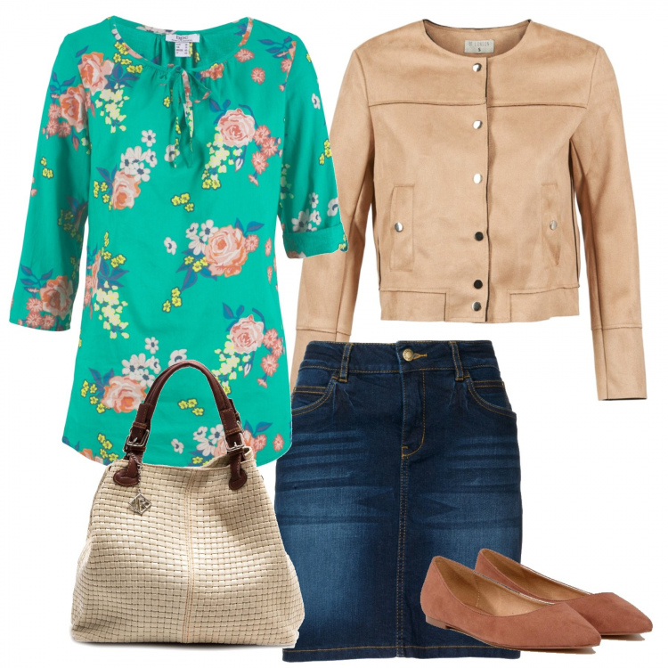 Outfit donna - Comoda e felice. Stile Basic per Tutti i giorni. Abbinamento con gonne, tunica fantasia floreale, giacca beige, catena fantasia con zip e scomparti beige, ballerine pianta larga.