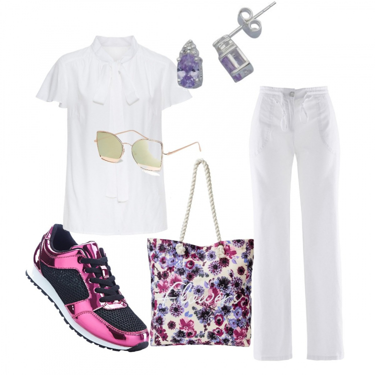 Outfit donna - Fiori in borsa. Stile Urban per Tutti i giorni. Abbinamento con pantaloni a palazzo, camicie a manica corta, sneakers, borsa a mano, occhiali da sole a gatto lenti a specchio stanghette sottili in montatura in metallo protezione dai raggi, orecchini in sterling 925 argento.
