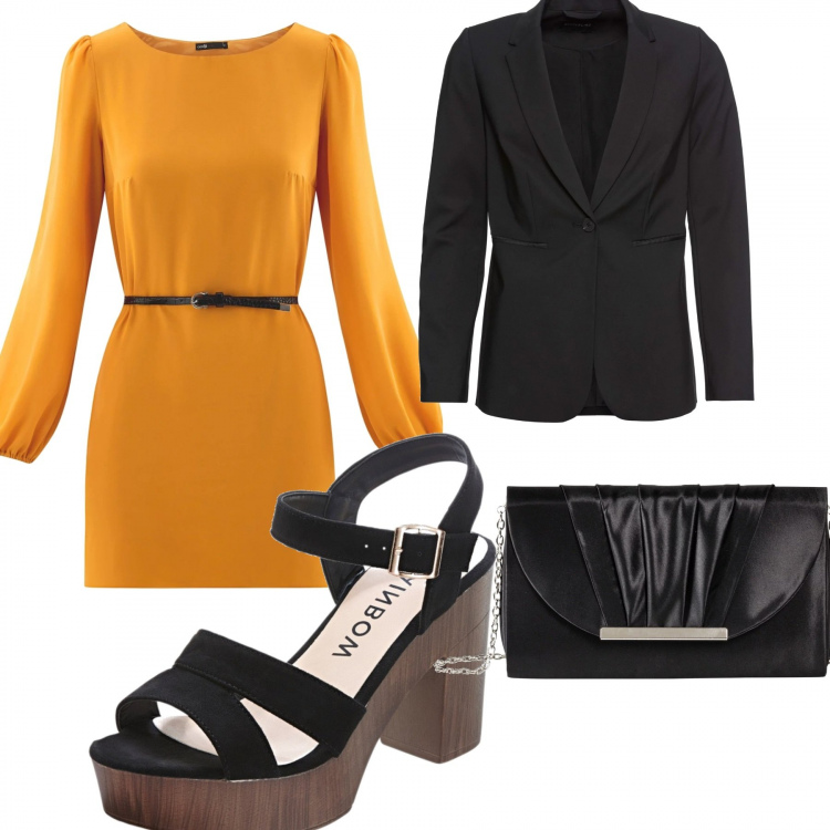 Outfit donna - Evento primaverile. Stile Trendy per Cerimonia. Abbinamento con blazer, sandali col tacco, pochette effetto satinato, vestito mini con cintura chiffon a maniche lunghe taglio dritto aderente giallo.