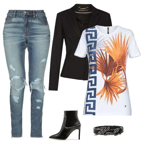 Outfit donna - Cintura con Logo. Stile Trendy per Tutti i giorni. Abbinamento con t-shirt senza tasche con stampa collo tondo a maniche corte jersey, jeans effetto strappato delavé con zip a tubo tinta unita, cintura in pelle tinta unita, stivaletti montone con borchie in pelle, giacca nero.