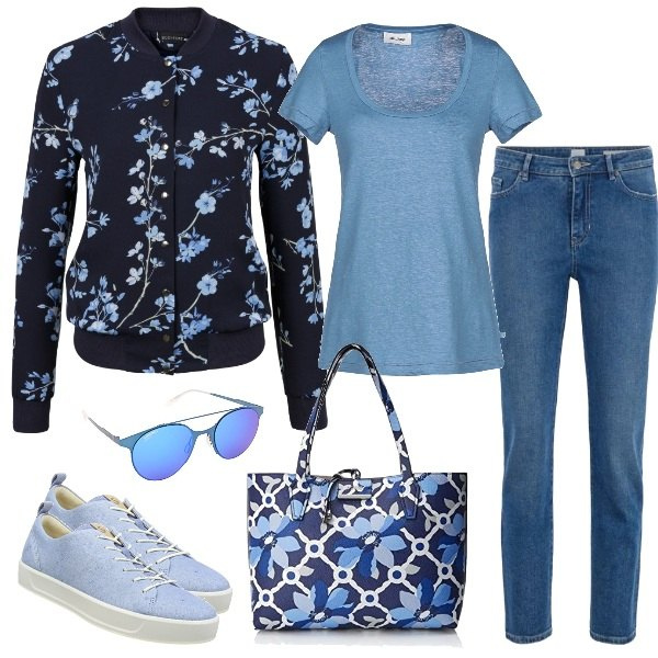 Outfit donna - Mood floreale. Stile Trendy per Tutti i giorni. Abbinamento con bomber, t-shirt senza tasche a maniche corte jersey, jeans in denim 98% cotone blu, shopping bag in ecopelle multicolore e blu, scarpe da ginnastica blu, occhiali da sole unisex-adulto blu.