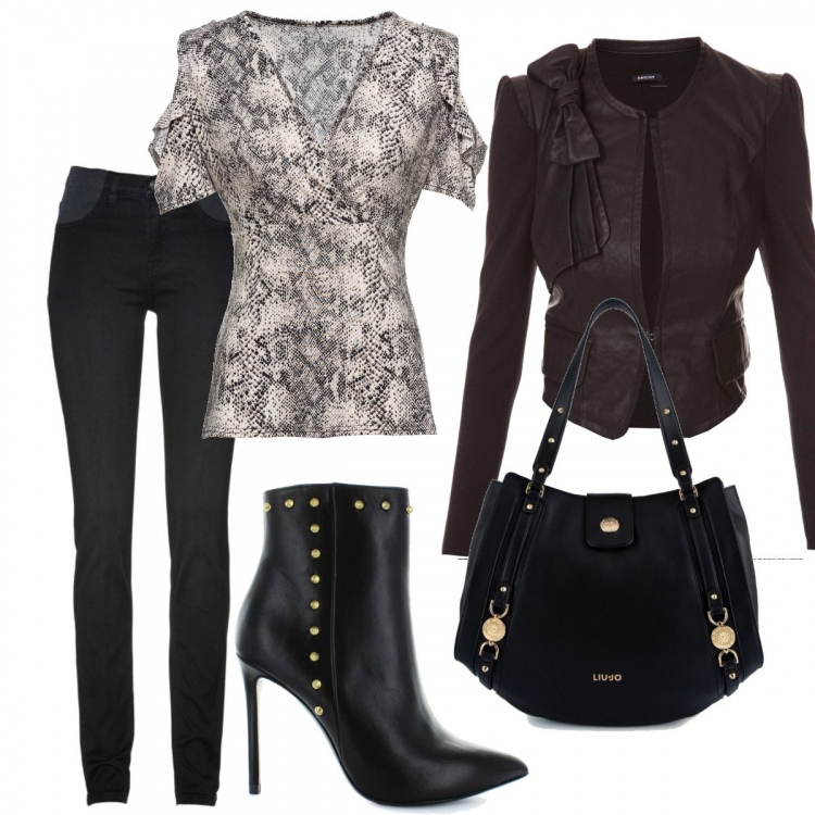 Outfit donna - Rock #948. Stile Rock per Serata fuori. Abbinamento con jeans skinny, maglia fantasia glitter, giacca a maniche lunghe nero, shopping bag con zip in pelle sintetica con scomparti, tronchetti nero.