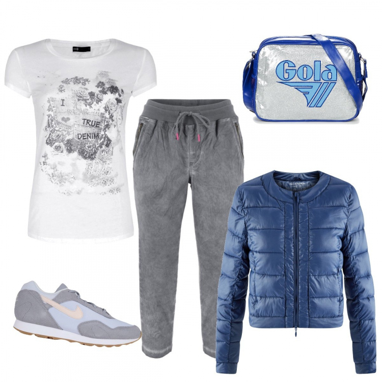 Outfit donna - Basic #3988. Stile Basic per Sport. Abbinamento con pantaloni capri, sneakers tennis, borsa argento, giubbotto con scollo aderente blu, t-shirt con stampa aderente bianco.