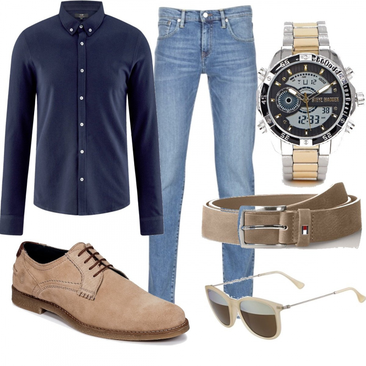 Outfit uomo - Comfortable. Stile Casual per Tutti i giorni. Abbinamento con scarpe stringate, occhiali da sole beige.