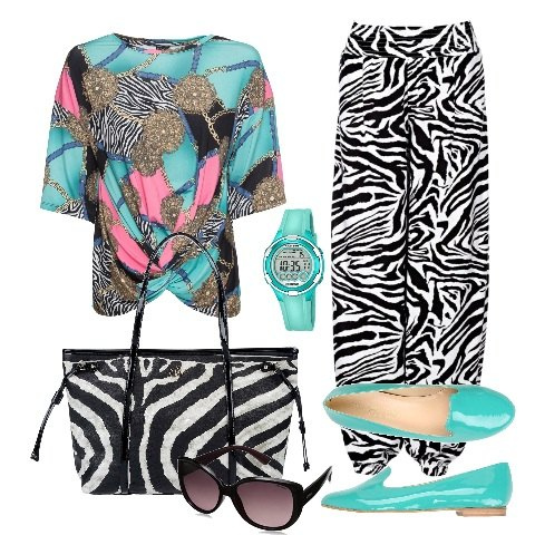 Outfit donna - Una zebra al mare. Stile Trendy per Mare. look ideale per Tall. Abbinamento con pantaloni a palazzo, maglia con nodi, mocassini, borsa a mano maxi fantasia effetto vernice con laccetti interno foderato in pelle sintetica con tasca interna blu, orologio con cinturino turchese, occhiali da sole.