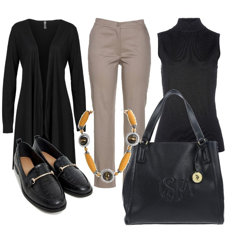 Outfit donna - Look per taglia sopra 50. Stile Trendy per Tutti i giorni. Abbinamento con cardigans, sottogiacca collo alto nero, pantalone elasticizzato, borsa a mano taglia media con zip interno foderato in pelle sintetica tinta unita, mocassini con punta smussata in pelle sintetica nero, collane.