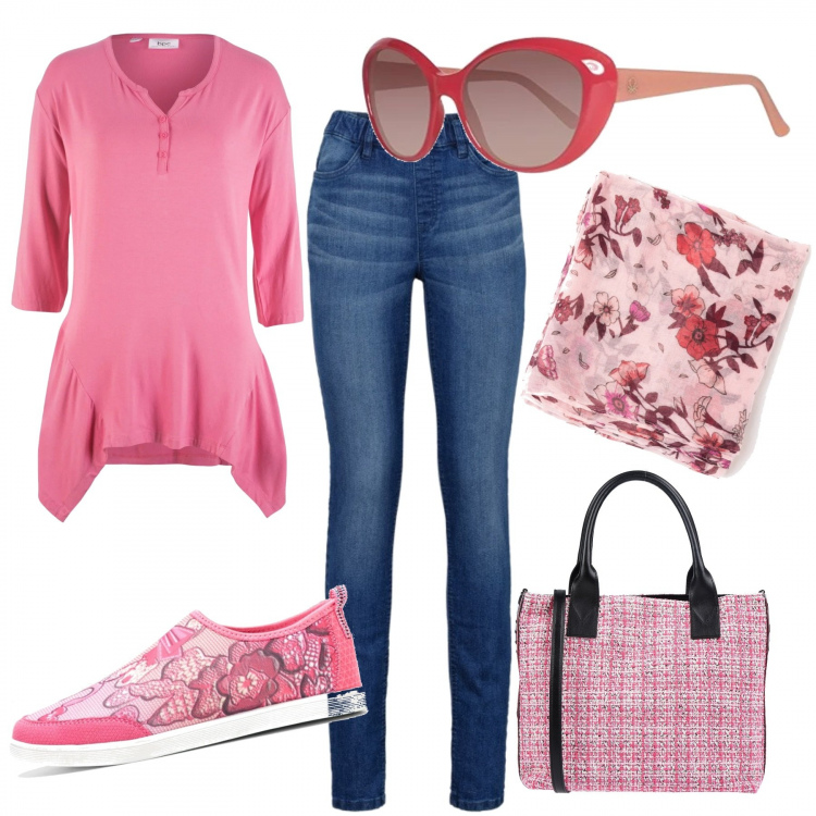 Outfit donna - Io penso positivo. Stile Basic per Scuola/Università. Abbinamento con jeggings, maglia con scollo fucsia, mocassini fucsia, borsa a mano tweed taglia media doppio manico interno foderato tinta unita, sciarpa fantasia floreale rosa, occhiali da sole rosa.