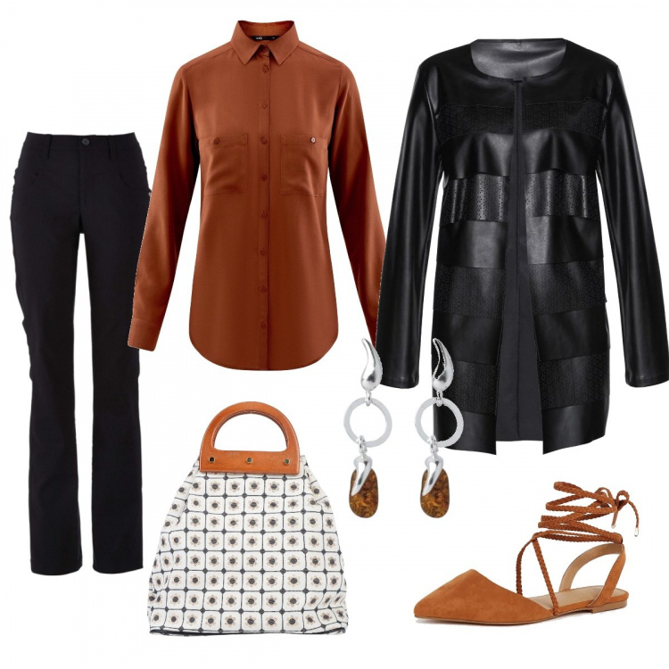 Outfit donna - Praticità e glamour. Stile Basic per Tutti i giorni. Abbinamento con pantaloni, blazer con balze in pelle sintetica nero, borsa a mano fantasia floreale effetto laminato taglia media doppio manico interno foderato jacquard, camicetta con tasche marrone, ballerine pianta larga, orecchini forma ovale argento.