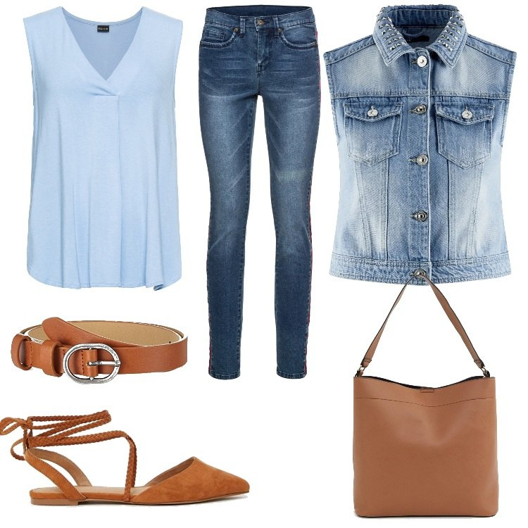 Outfit donna - Basic #4040. Stile Basic per Tutti i giorni. Abbinamento con top, jeans skinny con bande laterali contrasto blu, gilet in denim aderente blu, ballerine, shopping bag oversize contrasto, cintura in denim marrone.