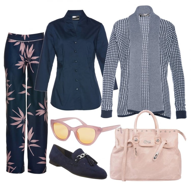 Outfit donna - Glam classico. Stile Bon Ton per Ufficio. Abbinamento con shopping bag, camicie, pantalone blu, cardigan in in maglia jacquard blu e corda, mocassini navy, occhiali da sole a gatto stanghette sottili rosa.