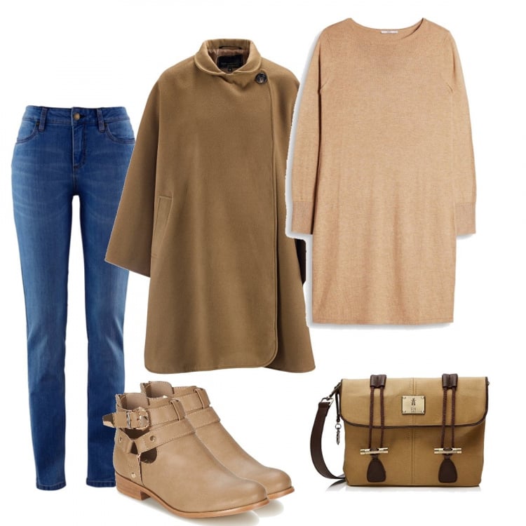 Outfit donna - Basic #4061. Stile Basic per Tutti i giorni. Abbinamento con jeans skinny, cappa, stivaletti, vestito marrone, borsa a secchiello giallo e marrone.