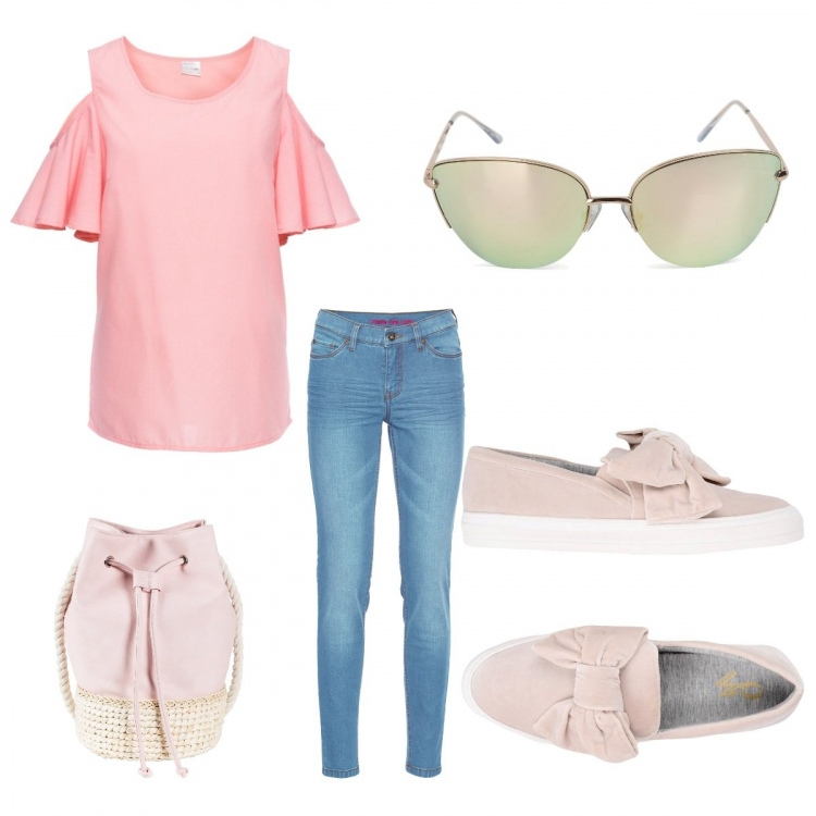 Outfit donna - Rosa Barbie. Abbinamento con jeans skinny, blusa con spalle scoperte, shopping bag, sneakers tennis, occhiali da sole farfalla con zip rosa.
