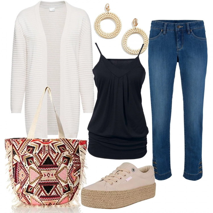 Outfit donna - Per l\'università. Stile Etnico per Scuola/Università. Abbinamento con top, cardigan a maniche lunghe beige, jeans elasticizzato con bottoni, sneakers beige e rosa, shopping bag, orecchini pendenti farfalla in rafia oro.