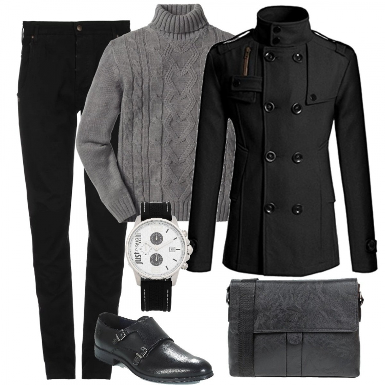 Outfit uomo - Trench cappotto doppiopetto. Stile Casual per Ufficio. Abbinamento con maglieria, scarpe nero.