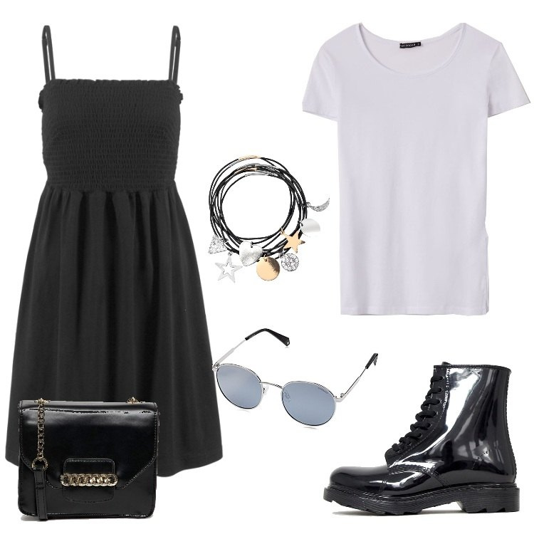 Outfit donna - The ultimate cool girl uniform. Stile Urban per Tutti i giorni. Abbinamento con vestiti, felpe, t-shirt, scarponcini con stringhe, occhiali da sole unisex-adulto argento, borsa a tracolla con catena e zip in denim con tasca interna.