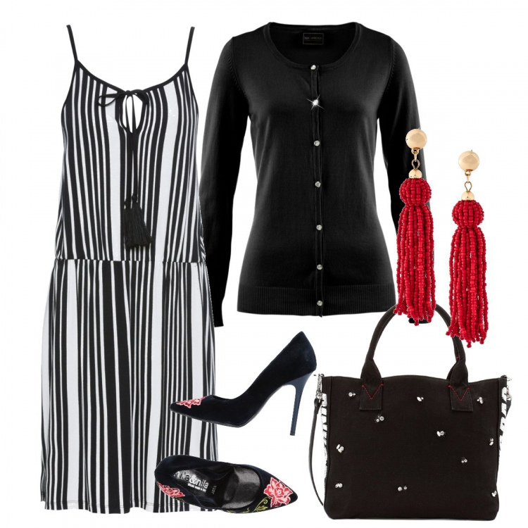 Outfit donna - Dettagli rossi. Stile Basic per Tutti i giorni. Abbinamento con cardigans, vestito fantasia con scollo nero, orecchini con nappine rosso, décolleté fantasia floreale con ricamo e tacco spillo a punta in velluto, borsa a mano con strass e paillettes con zip interno foderato nero e argento.
