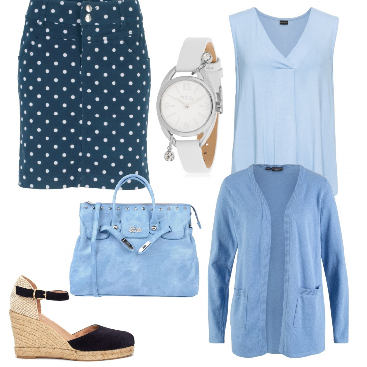 Outfit donna - Basic #4130. Stile Basic per Tutti i giorni. Abbinamento con top, cardigan collo aperto in materiale riciclato blu e corda, gonna a pois blu, borsa a mano con borchie taglia media con zip interno foderato in pelle sintetica tinta unita, sandali con zeppe e fibbia con punta tonda navy, orologio con charm e fibbia bianco.