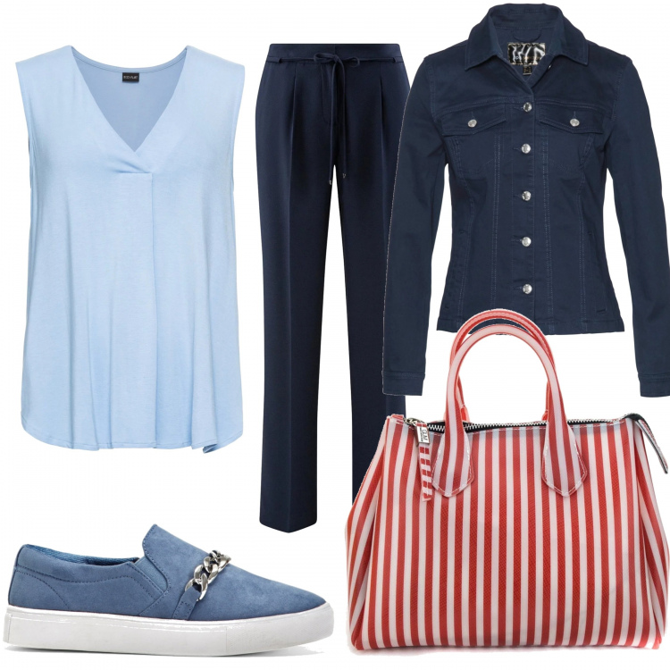 Outfit donna - Basic #4136. Stile Basic per Tutti i giorni. Abbinamento con top, mocassini, blazer, pantalone con laccetti elasticizzato blu, borsa a tracolla con stampa e zip.
