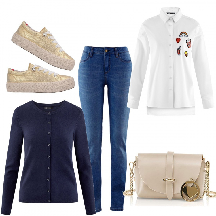 Outfit donna - Basic #4151. Stile Basic per Tutti i giorni. Abbinamento con jeans skinny, sneakers tennis, cardigan lavorato a maglia in denim con bottoni blu, shopping bag beige, camicia a giromanica aderente bianco.