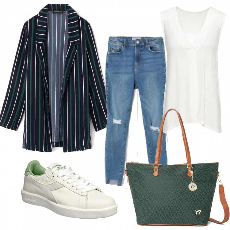Outfit donna - Blazer + Sneakers. Stile Trendy per Tutti i giorni. Abbinamento con top, giacca lunga a righe con bottoni blu, jeans skinny crop in denim blu, scarpe sport multicolore, portachiavi con stampa e zip verde.