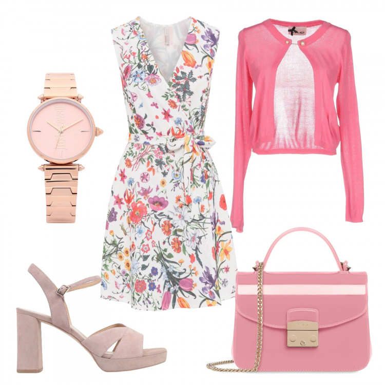 Outfit donna - Primavera in fiore. Stile Bon Ton per Tutti i giorni. look ideale per Petite. Abbinamento con cardigans, sandali effetto scamosciato con tacco squadrato e fibbia con punta tonda in pelle tinta unita, orologio con cinturino, vestito con cintura bianco, borsa a tracolla mini.