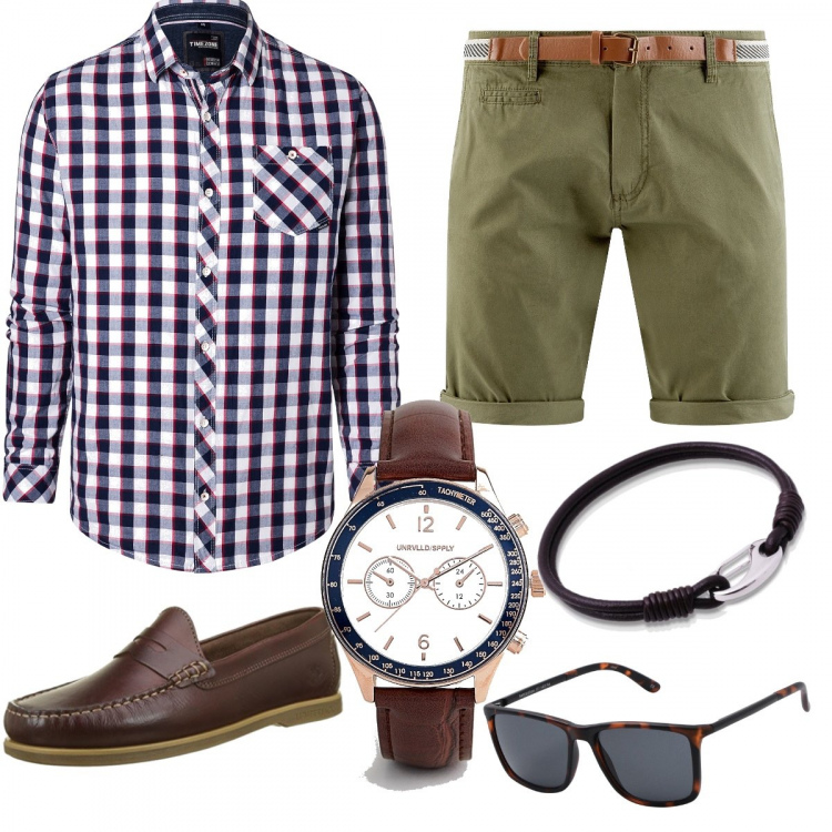Outfit uomo - Giornata d’estate. Stile Trendy per Tutti i giorni. Abbinamento con occhiali da sole in montatura in metallo.