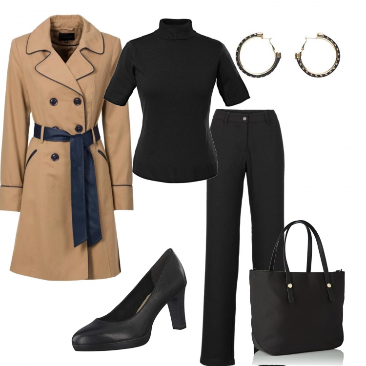 Outfit donna - Essenziale. Stile Basic per Tutti i giorni. Abbinamento con maglieria, trench, pantaloni a palazzo, scarpe con tacco nero e navy e blu, borsa a spalla tote con zip e tracolla regolabile nero, orecchini in ottone.