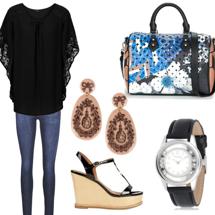 Outfit donna - Total look #251934. per Tutti i giorni. Abbinamento con bluse, orecchini, borsetta blu, jeans slim fit effetto satinato blu, orologio nero e bianco, sandali con zeppe e cinturino.