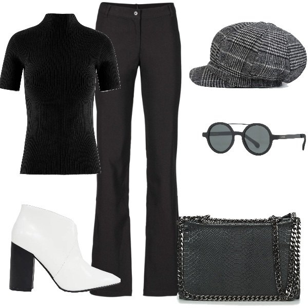 Outfit donna - Fashion trend inizio primavera. Stile Trendy per Tutti i giorni. Abbinamento con pantaloni, occhiali da sole lenti sfumate in montatura in metallo tinta unita, borsa a tracolla nero, maglione a coste aderente nero, stivaletti con zip a punta, berretto con visiera a quadri.