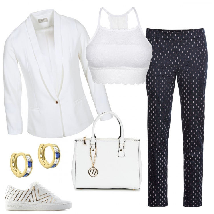 Outfit donna - Blazer bianco. Stile Chic per Ufficio. Abbinamento con reggiseni, pantalone fantasia floreale blu, giacca bianco, borsetta bianco, sneakers a righe bianco, orecchini con zirconia in oro giallo 9ct.