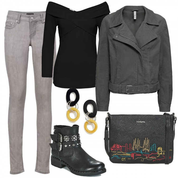 Outfit donna - Maglia a portafoglio in jersey. Stile Rock per Tutti i giorni. Abbinamento con jeans skinny, maglia a portafoglio jersey nero, giubbotto con zip in velluto, stivaletti nero, borsa nero, orecchini argento.