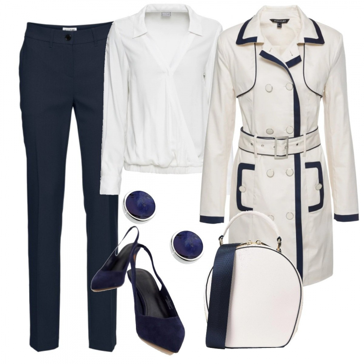 Outfit donna - Blusa a portafoglio. Stile Bon Ton per Ufficio. Abbinamento con pantaloni, cappotto, blusa a portafoglio con scollo bianco, borsa a mano mini con manico e zip interno foderato in pelle sintetica tinta unita, scarpe con cinturino in denim, orecchini in sterling 925 argento.
