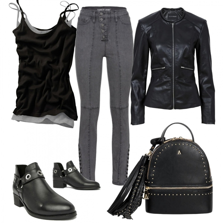 Outfit donna - Rock and roll. Stile Rock per Tutti i giorni. Abbinamento con vestiti, top sportivi, giacca in pelle sintetica, stivaletti senza lacci con punta tonda pianta larga, zaino con zip jacquard.