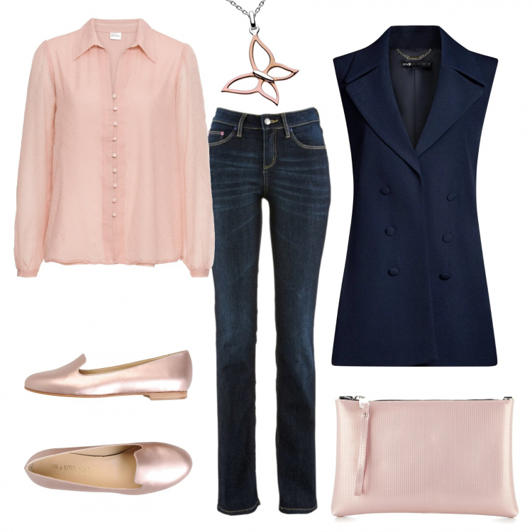 Outfit donna - Elegante in estrema semplicita\'. Stile Basic per Tutti i giorni. Abbinamento con jeans dritti, camicetta a pois, mocassini, gilet a panciotto con bottoni blu, borsa a tracolla made italy effetto metallizzato con zip rosa, collana in argento 925.