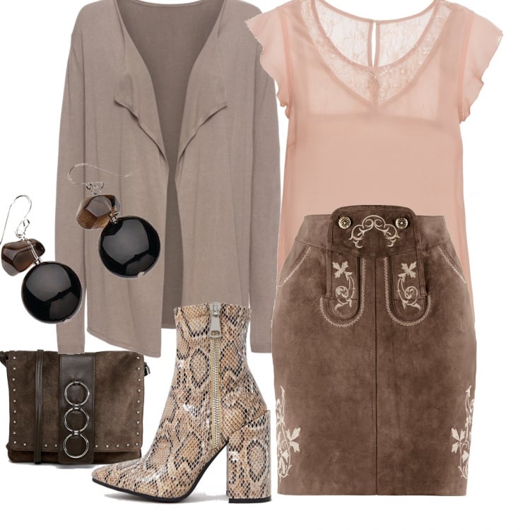 Outfit donna - Maculato. Stile Urban per Ufficio. Abbinamento con maglieria, top chiffon, gonna con ricamo stretto con zip marrone, orecchini in sterling 925 argento, borsa a tracolla con zip in denim con tasca interna, stivaletti con tacco largo.