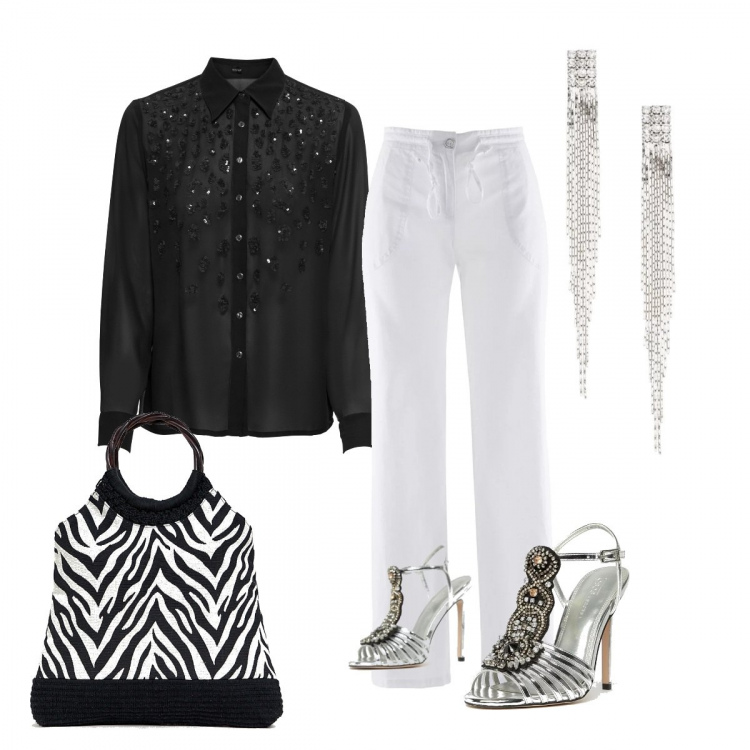 Outfit donna - Lucente safari notturno. Stile Chic per Serata fuori. Abbinamento con pantaloni a palazzo, orecchini, camicetta con paillettes, sandali con perline e cinturino open toe in denim, orologio con manico contrasto in paglia.