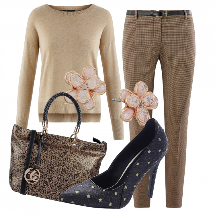 Outfit donna - Ufficio glamour. Stile Bon Ton per Ufficio. Abbinamento con vestiti chemisier, borsa a mano fantasia effetto laminato taglia media con zip interno foderato in pelle sintetica blu, pantalone con cintura e stampa aderente beige, maglione spacchi laterali aderente beige, orecchini a perno.