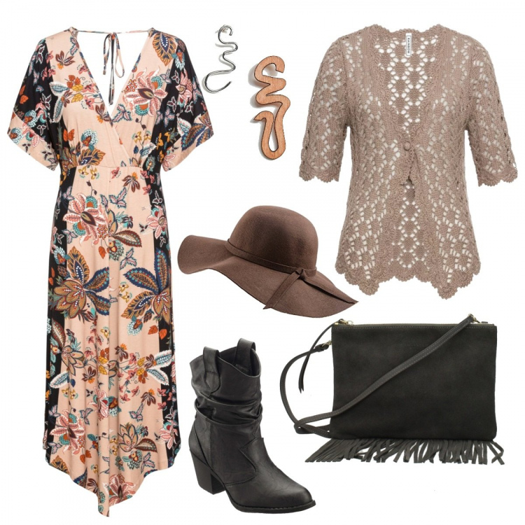 Outfit donna - Stile country. Stile Etnico per Tutti i giorni. Abbinamento con stivaletti texani, vestito jersey, giacchina, borse a spalla, cappelli, orecchini forma asimmetrica farfalla in denim argento.