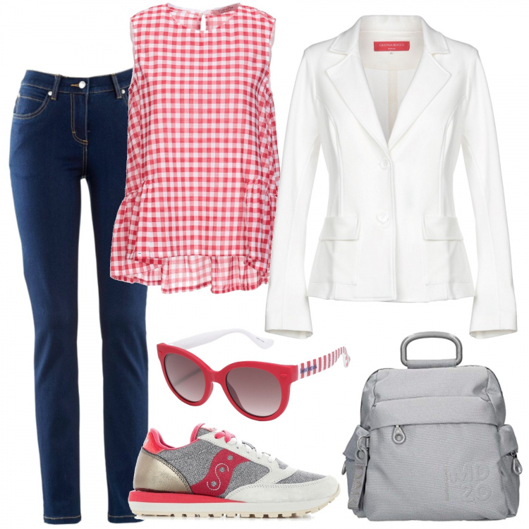 Outfit donna - Basic #4306. Stile Basic per Tutti i giorni. Abbinamento con jeans dritti, top a pois collo tondo in cotone vestibilità ridotta rosa, giacca, occhiali da sole a gatto lenti sfumate montatura in plastica, sneakers argento, zaino grigio.