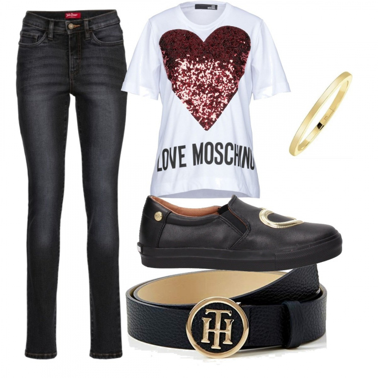 Outfit donna - Uscita con le amiche. Stile Basic per Tutti i giorni. Abbinamento con jeans slim fit, t-shirt senza tasche con paillettes collo tondo a maniche corte in cotone jersey, slip nero, cintura navy, anelli.