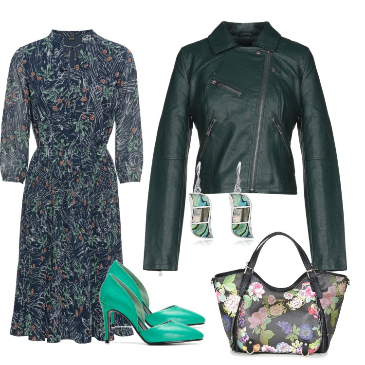 Outfit donna - Bon Ton #3762. Stile Bon Ton per Tutti i giorni. Abbinamento con giubbino, pantaloni, décolleté, borsa a tracolla nero, orecchini argento.